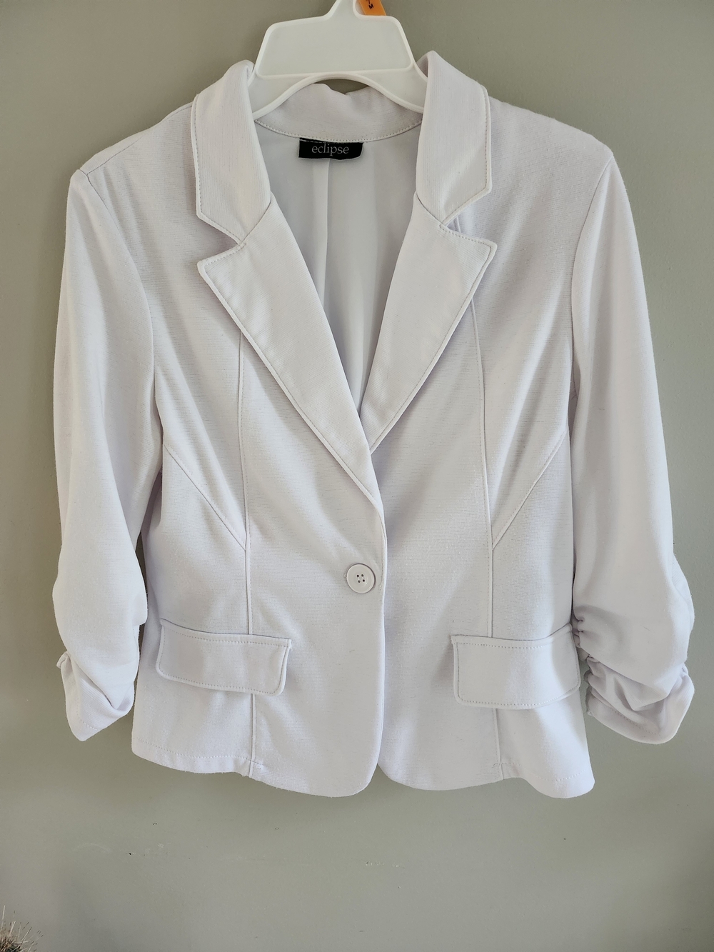 Eclipse Y2K White Fitted Cropped Blazer Jacket Ruched 3/4 Sleeves L